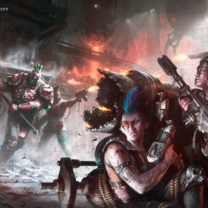 Escher and Goliath gangers at war in the Necromunda underhive.
