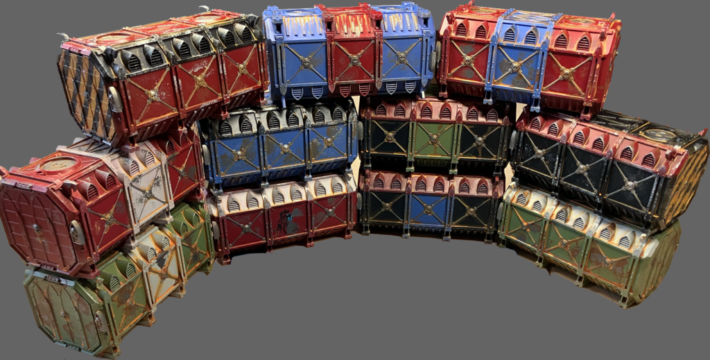 A display of almost a dozen containers arranged for display